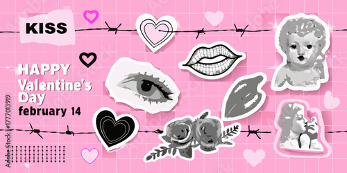 Happy valentine s day february 14th with kiss lips hearts roses and barbed wire on pink grid background
