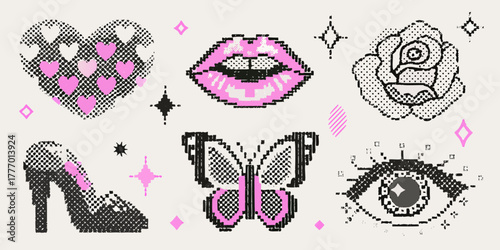 Pixelated pop art icons featuring a heart lips rose high heel shoe butterfly and eye