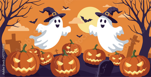 Pixel Art Halloween Scene Two Ghosts and Pumpkins in Spooky Night