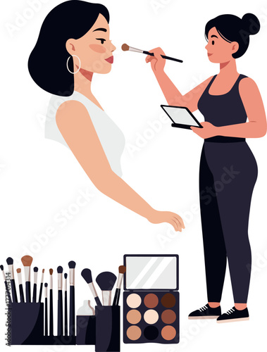 Pixel Art Makeup Artist Applying Cosmetics to Woman Isolated on White Background