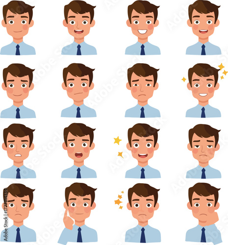 Pixel Art Man Emoticons Set Blue Shirt White Background