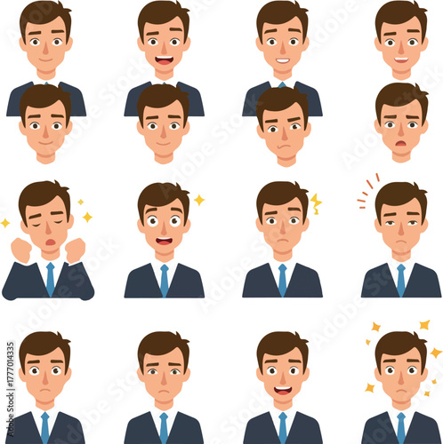 Pixel Art Man Character Emote Expressions Flat Design Style