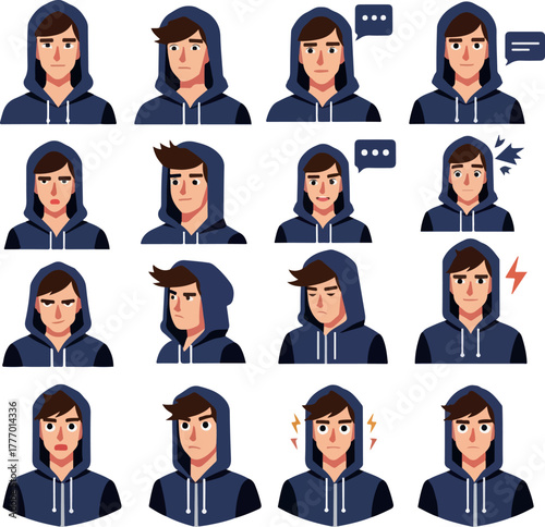 Pixel Art Male Hoodies Avatar Set Blue