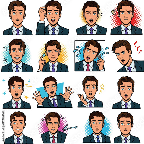 Pixel Art Man Emotions Face Icons Collection Colorful Backgrounds Blue Suit