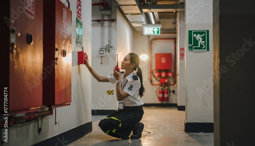 Safety engineer checks fire alarm system in building