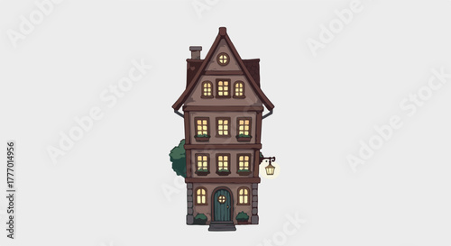 Pixel Art Old Brown House With Glowing Windows Isolated On Grey Background