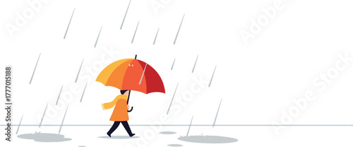 Pixel Art Person Walking in Rain Under Orange Umbrella Flat Design