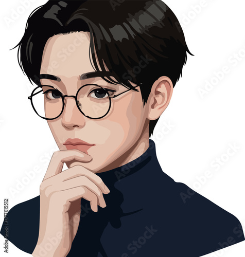 Pixel Art Portrait Young Man Glasses Dark Blue Turtleneck Isolated