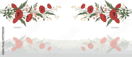 Pixel Art Red Poppies Floral Border Pattern Vector