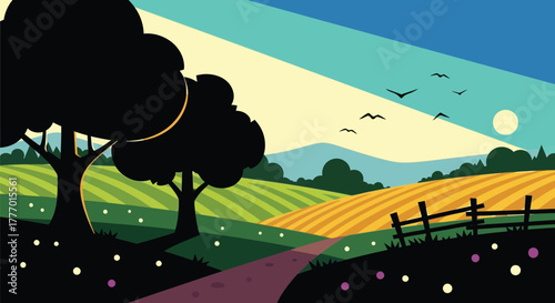 Landscape vector illustration rural scene nature background trees