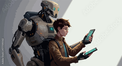 Pixel Art Robot and Boy with Phones Futuristic Tech Partnership