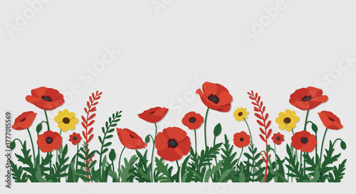 Pixel Art Red Poppies And Yellow Flowers With Green Leaves On White