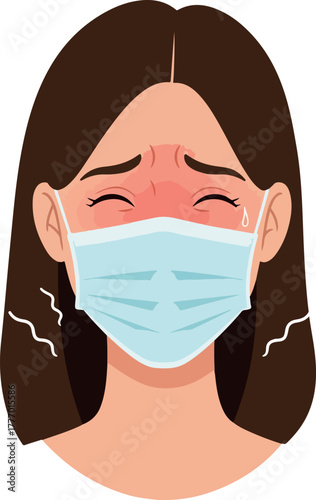 Pixel Art Sad Woman Wearing Medical Mask Feeling Sick With Fever