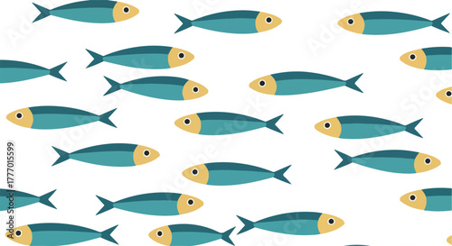 Pixel Art Sardine Fish Pattern Teal Yellow On White Background