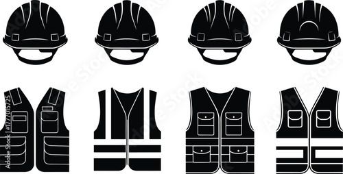 Construction safety helmet and vest icons set, worker protection, industrial safety equipment, engineering tools, protective gear vector illustration