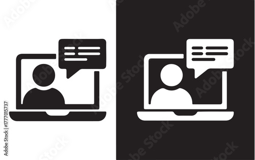 Online meeting vector icon flat design illustration of a person on a laptop with a speech bubble isolated on white and black background