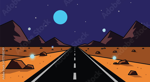 Night desert road trip illustration with moon and stars vector