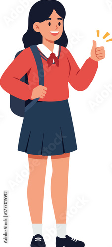 Pixel Art Student Girl With Backpack Thumbs Up Red Sweater Blue Skirt