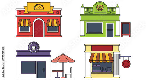 Illustration of taco pretzel coffee shop and store front buildings