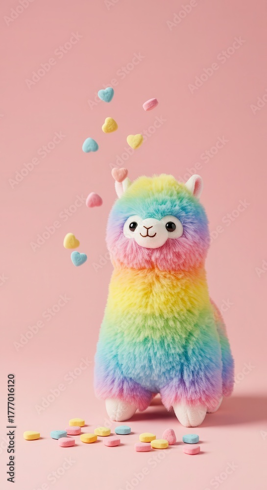 Obraz premium Fluffy rainbow colored plush toy stands surrounded by falling and scattered heart shaped candies