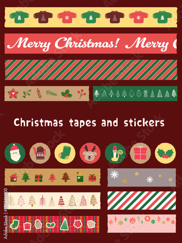 クリスマスデザインのマスキングテープと円形ステッカー素材セット