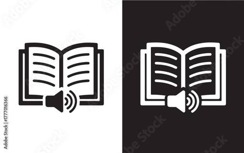 Audiobook icon vector illustration of open book with speaker symbol flat design for e-learning and online education