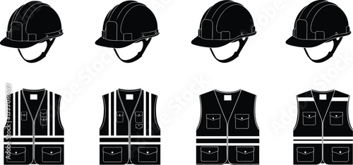 Construction helmet and safety vest icon set, industrial worker protection gear, engineering uniform, reflective safety equipment, protective design vector