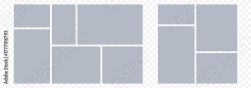 6 photos collage frame, Templates collage photos frame. Multicolored empty photo frames with adhesive tape in a row. Six square photo cards with white border. Vector illustration. 