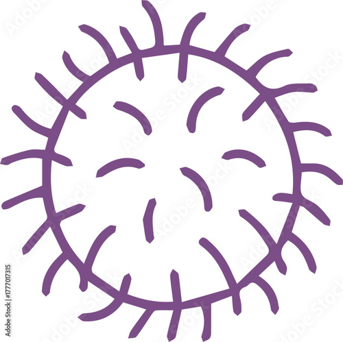 Simple purple outline illustration of a microscopic virus or cell with spiky texture