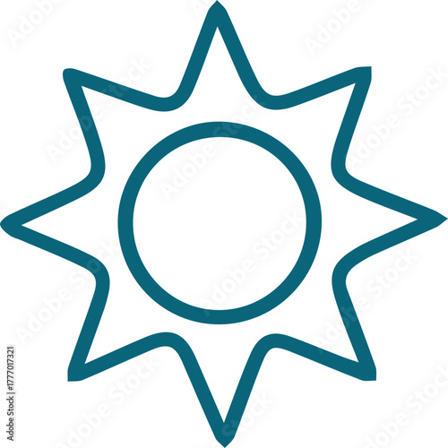 Teal sun outline icon with eight pointed rays for weather or brightness indication