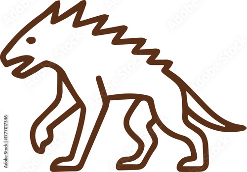 Unique mythical creature brown line art walking on all fours with a spiky spine