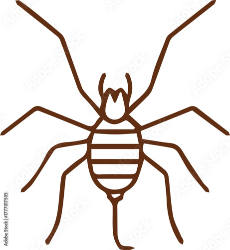 Minimalist brown outline drawing of an eight-legged spider like creature with a striped body on a clean background