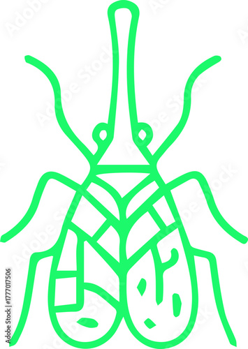 Green line art beetle with a distinct proboscis and patterned body design