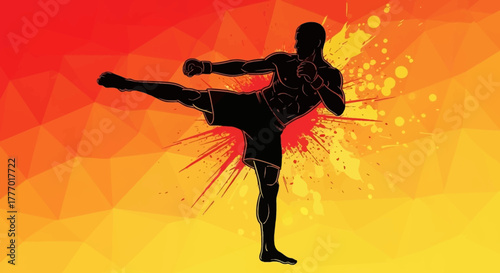 Dynamic martial artist in silhouette executes a powerful kick amidst vibrant, energetic splashes and a geometric background