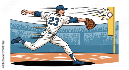 Dynamic baseball pitcher hurls a fast pitch toward home plate in a thrilling stadium moment, capturing athletic intensity and competitive spirit.