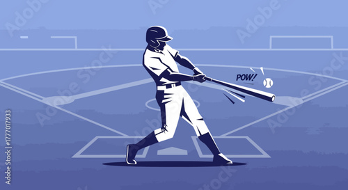 Dynamic baseball player powerfully swings bat connecting with ball on stylized field, capturing thrilling game action and athletic achievement.
