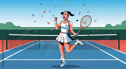 Triumphant female tennis player celebrates victory on court as confetti rains down, embodying peak athletic achievement and championship joy