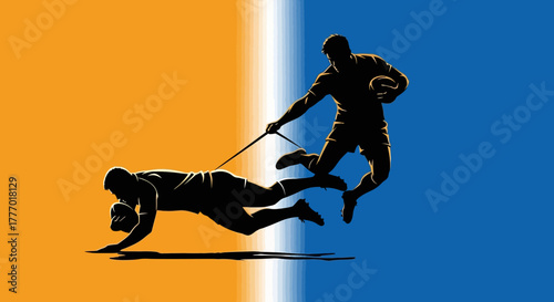 Dynamic rugby players locked in intense struggle for the ball, showcasing athleticism and competitive spirit against a vibrant split background.