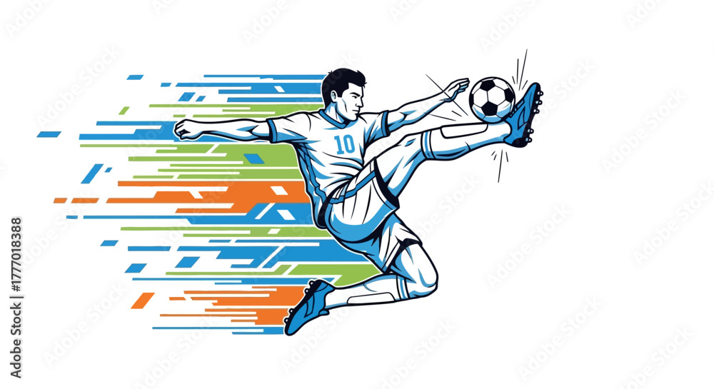 Fototapeta premium Dynamic soccer player executes a powerful mid-air bicycle kick with vibrant speed lines, showcasing athletic prowess and energetic motion for sports promotions.