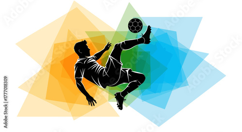 Dynamic soccer player executes acrobatic bicycle kick against vibrant abstract geometric background, showcasing athletic prowess and energy.