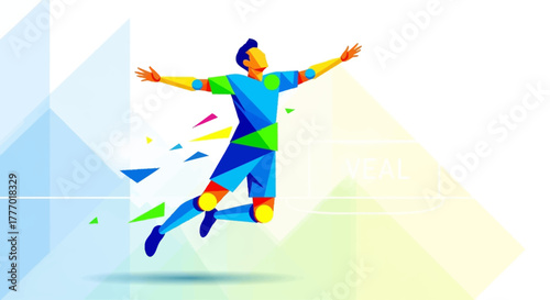 Dynamic abstract soccer player celebrating victory with vibrant geometric shapes exploding outwards in a modern sports concept