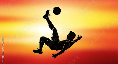 Dynamic soccer player performs acrobatic bicycle kick against vibrant sunset gradient, capturing athletic achievement and passion.