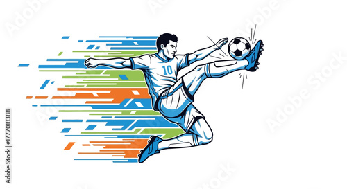 Dynamic soccer player executes a powerful mid-air bicycle kick with vibrant speed lines, showcasing athletic prowess and energetic motion for sports promotions.