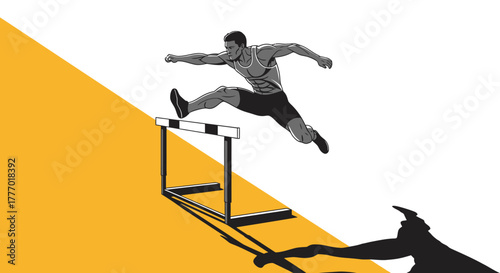 Dynamic athlete powerfully leaping over hurdle during intense sprint race, symbolizing achievement and overcoming challenges