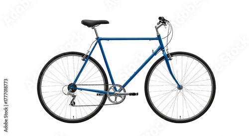 A classic blue bicycle with a black seat and silver components isolated on transparent background, png