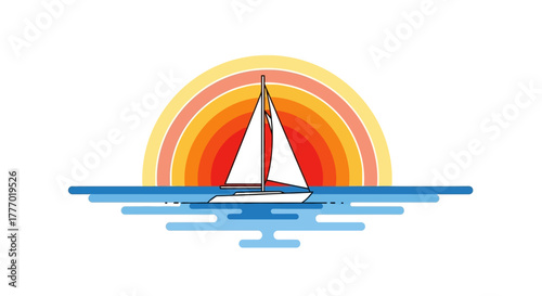 Sailboat on a flat sea with a colorful semicircular sunrise in the background