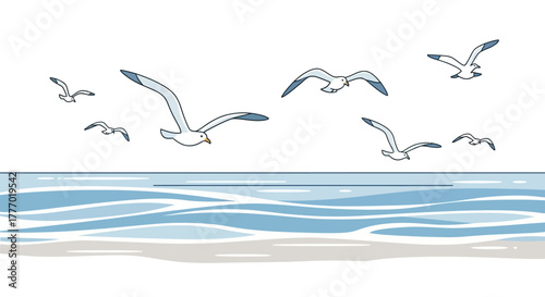 Seagulls flying above a sandy beach  wavy water on a sunny day