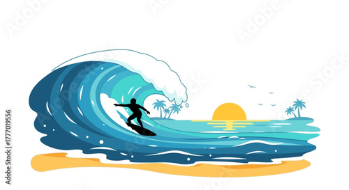 Surfer rides a wave with palm trees and a sunset in the background