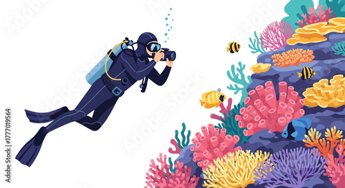 Scuba diver with camera photographs colorful coral reef and fish underwater