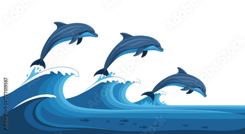 Three blue dolphins leaping over blue waves with small fish beneath the water